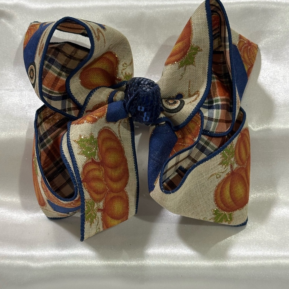 Blue and Orange Pumpkin Print Hair Bow- bundle 2+ & save on shipping costs